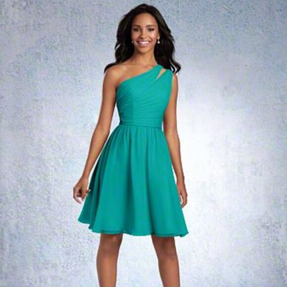 Knee-Length Chiffon Bridesmaids Dress, Jade Emerald Green One 1 Shoulder Ruched - Picture 1 of 6